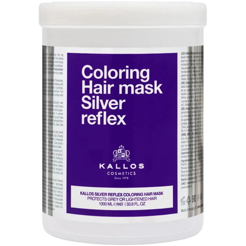 Kallos Silver Reflex Coloring fioletowa  maska do włosów siwych i  blond, 1000 ml - Ochładająca maska neutralizująca żółte odcienie z olejami i keratyną