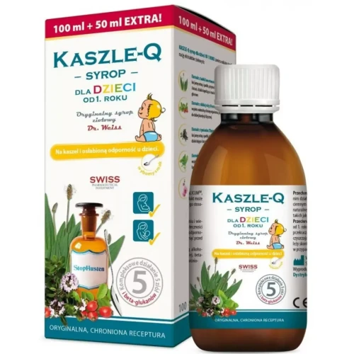 Kaszle-Q Syrop dla dzieci, 150 ml - Z mieszanką 5 ekstraktów ziołowych, które pomagają łagodzić kaszel, drapanie i ból gardła