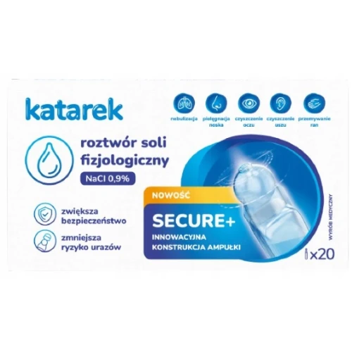 Katarek Secure+ Roztwór soli fizjologiczny NaCl 0,9%, 20 x 5 ml - Do nebulizacji i pielęgnacji niemowląt