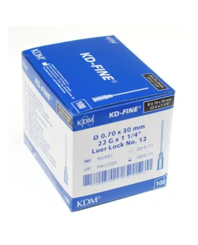 KDM Igła iniekcyjna 0,7 x 30 mm, 100 sztuk - Do iniekcji podskórnych i dożylnych