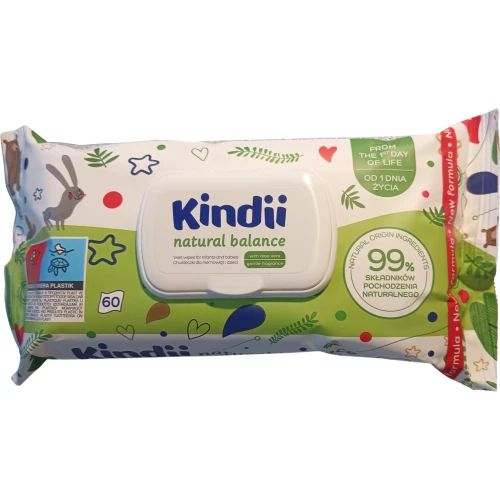 Kindii Natural Balance, chusteczki nawilżane dla niemowląt i dzieci, 60 sztuk  - Z ekstraktem z aloesu oraz alantoiną