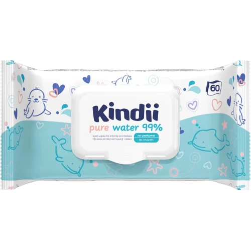 Kindii Pure Water 99%, chusteczki 60 sztuk - Do pielęgnacji i oczyszczania skóry wrażliwej