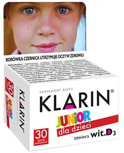 Klarin Junior dla dzieci, 30 tabletek powlekanych - Ze sproszkowanymi owocami borówki czernicy, która wspiera wzrok