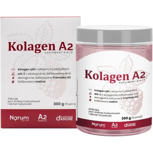 Narum Kolagen A2, proszek 300 g - Hydrolizowany kolagen rybi do picia z witaminą C oraz liofilizowanym Pramlekiem A2