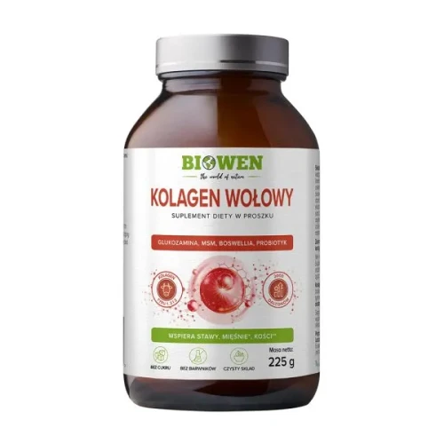 Biowen Kolagen wołowy typu I, II, III Proszek, 225 g - Suplement diety z kolagenem, witaminą C i ekstraktami roślinnymi