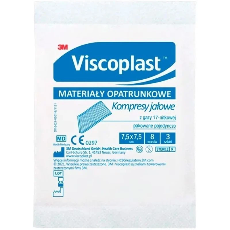 Viscoplast Kompresy gazowowe jałowe 7,5 x 7,5 cm, 3 sztuki - Sterylne kompresy z 100% bawełny do ochrony ran
