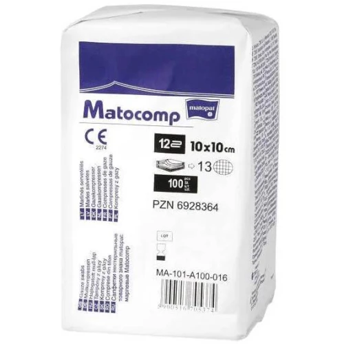 Matocomp Kompresy niejałowe z gazy 13 nitkowe 12 warstwowe 10 x 10 cm, 100 sztuk - Do celów higieniczno-gospodarczych