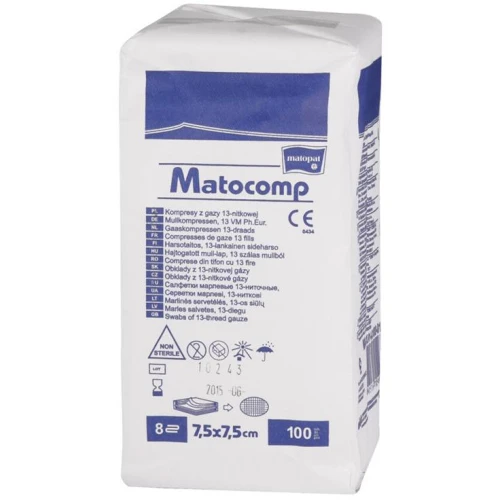Matocomp Kompresy niejałowe z gazy 13 nitkowe 8 warstwowe 7,5 x 7,5 cm, 100 sztuk - Do celów higieniczno-gospodarczych