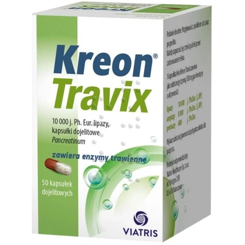 Kreon Travix, 50 kapsułek dojelitowych - Pancreatinum 10 000 j.Ph.Eur. lipazy