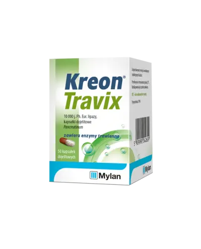 Kreon Travix, 50 kapsułek dojelitowych - Pancreatinum 10 000 j.Ph.Eur. lipazy