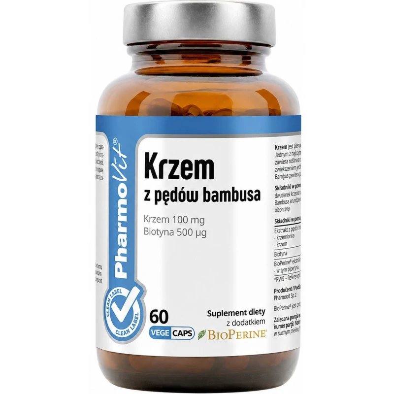 PharmoVit Clean Label Krzem z pędów bambusa, 60 kapsułek - Ekstrakt z bambusa standaryzowany na 70% krzemionki