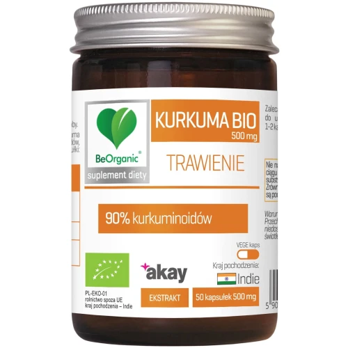 BeOrganic Kurkuma BIO 90% 500 mg, 50 kapsułek - Standaryzowany ekstrakt z kurkumy + piperyna