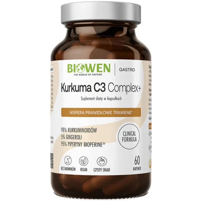 Biowen Kurkuma C3 Complex+, 60 kapsułek - Kurkumina z BioPerine® i imbirem dla trawienia i odporności