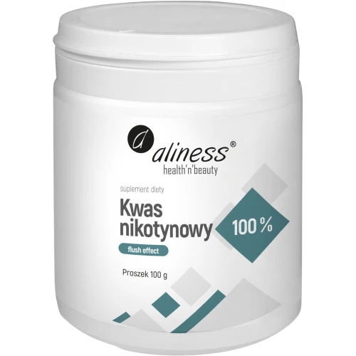 Aliness Kwas nikotynowy 100% Proszek, 100 g - Czysta niacyna (witamina B3) 16 mg, wysoka biodostępność