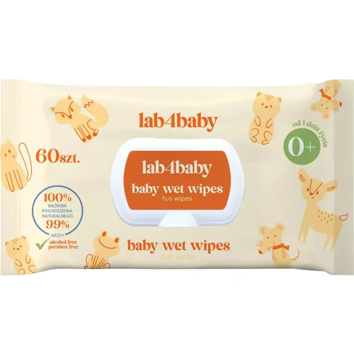 Lab4baby H2O Wipes Baby Wet Wipes, chusteczki nawilżane, 60 sztuk - Dla dzieci i niemowląt na bazie wody