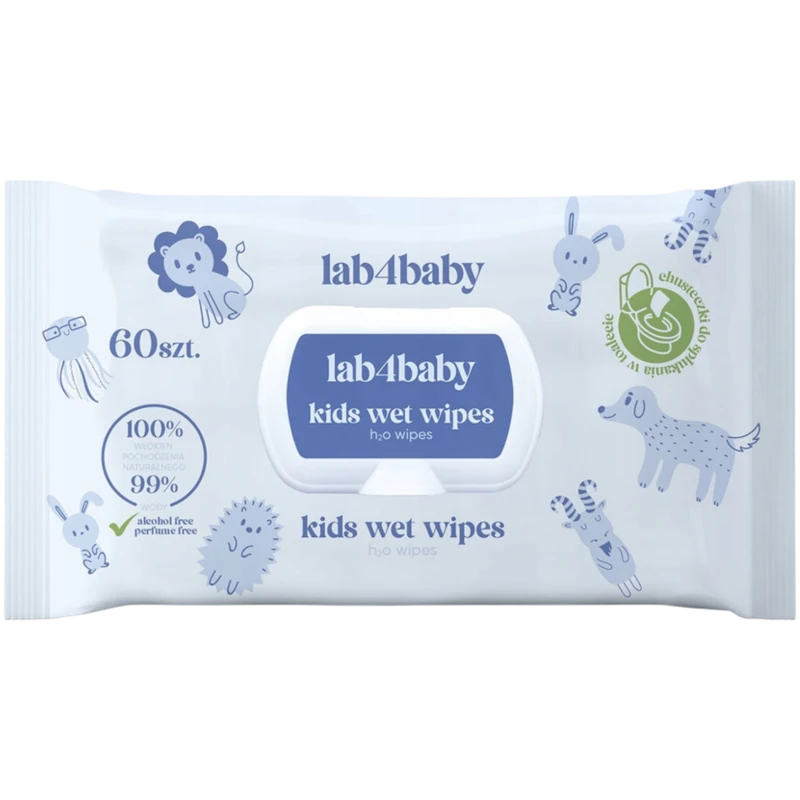 Lab4baby H2O Wipes Kids, chusteczki nawilżane, 60 sztuk - 99% wody + trehaloza - skuteczne oczyszczanie delikatne dla skóry