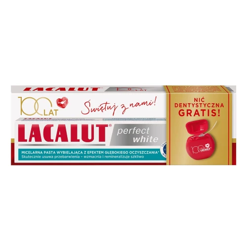 Lacalut Perfect White Pasta do zębów, 75 ml + Nić dentystyczna, 1 sztuka - Pasta wybielająca z hydroksyapatytem i fluorem