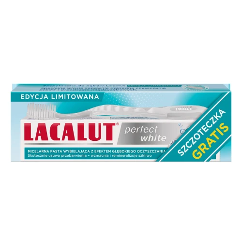Lacalut Perfect White Pasta do zębów, 75 ml + Szczoteczka do zębów, 1 sztuka - Micelarna pasta wybielająca z hydroksyapatytem i fluorkiem sodu
