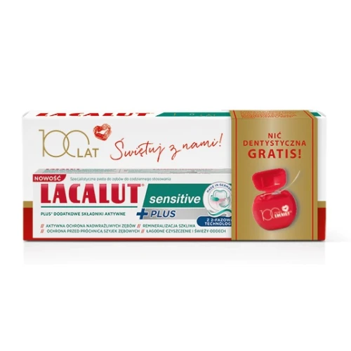 Lacalut Sensitive Plus Pasta do zębów, 75 ml + Nić dentystyczna, 1 sztuka - Na nadwrażliwość zębów i cofające się dziąsła