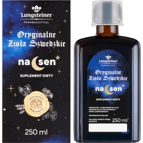 Langsteiner Oryginalne Zioła Szwedzkie na sen, bez alkoholu, płyn 250 ml - Na bazie ekstraktów z lawendy, melisy, rumianku oraz różeńca górskiego