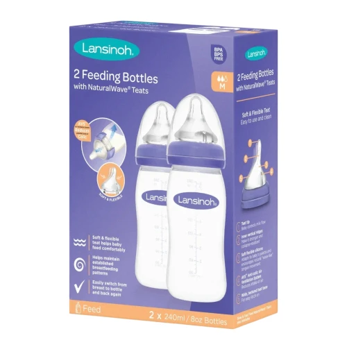 Lansinoh Butelka ze smoczkiem Natural Wave o średnim przepływie, 2 x 240 ml - Zestaw do karmienia niemowląt