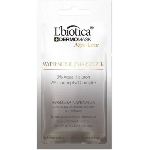 L'biotica Dermomask Night Active Wypełnienie zmarszczek, maseczka naprawcza do twarzy, 12 ml - Redukcja widoczności zmarszczek, spłycenie bruzd na czole