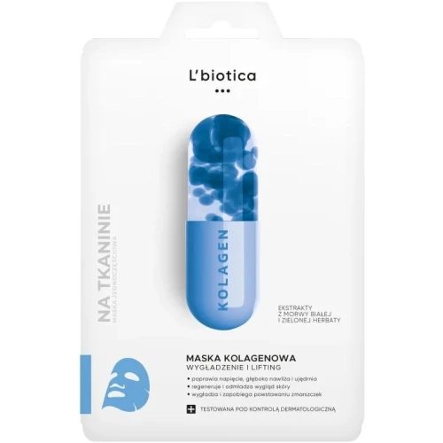 L'Biotica Maska kolagenowa, 23 ml - Nasączona serum z wysoką zawartością kolagenu wegańskiego