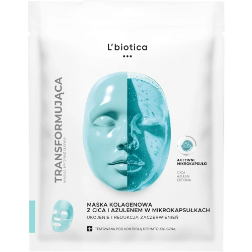 L'Biotica Maska Transformująca Kolagenowa z Cica i Azulanem w mikrokapsułkach, 1 sztuka - Kojąca maska hydrożelowa z mikrokapsułkami, przeciw zaczerwienieniom