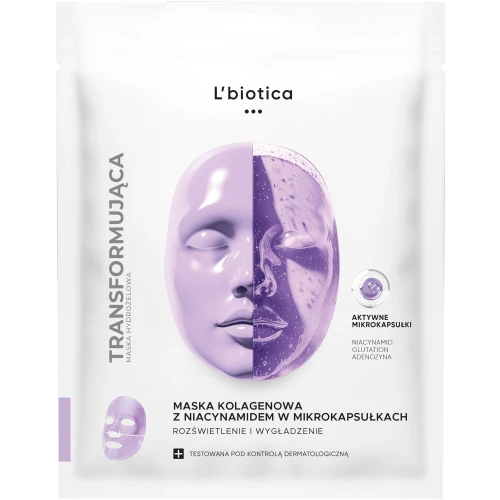 L'Biotica Maska Transformująca Kolagenowa z Niacynamidem w mikrokapsułkach, 1 sztuka - Rozświetlająca maska hydrożelowa z mikrokapsułkami
