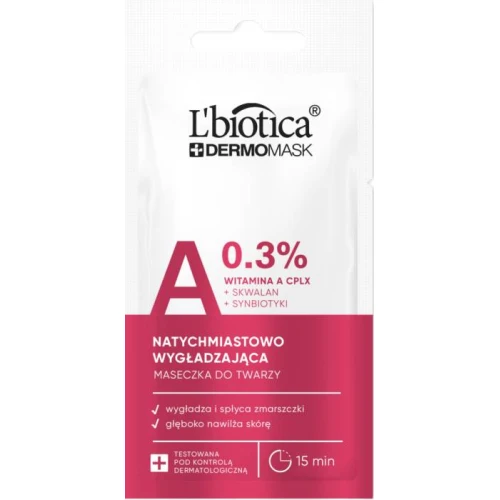 L'biotica Dermomask wygładzająca maseczka do twarzy z witaminą A, 8 ml - Wspomaga procesy regeneracyjne skóry, spłyca zmarszczki