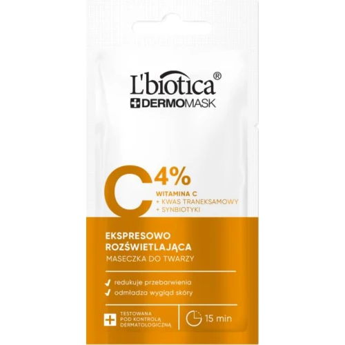 L'biotica Dermomask Ekspresowo rozświetlająca maseczka do twarzy z witaminą C, 8 ml - Odmładza i redukuje przebarwienia