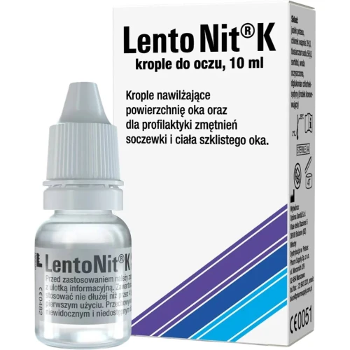 LentoNit K, krople do oczu 10 ml - O właściwościach nawilżających, zalecane są w profilaktyce zmętnień soczewki