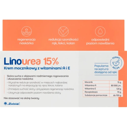 Linourea 15%, krem mocznikowy z witaminami A i E, 50 g - Do skóry suchej z objawami nadmiernego rogowacenia i złuszczenia naskórka