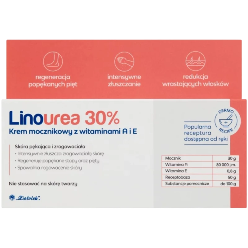 Linourea 30%, krem mocznikowy z witaminami A i E, 50 g - Intensywnie złuszczający i nawilżający krem  do stóp i pięt