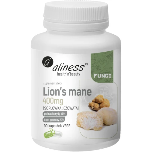 Aliness Lion’s Mane Ekstrakt 40/20, 400 mg, 90 kapsułek - Standaryzowany na 40% polisacharydów i 20% beta-glukanów