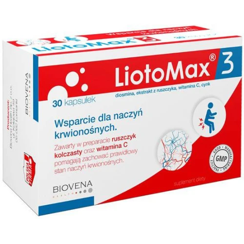 LiotoMax 3, 30 kapsułek - Z ekstraktem z ruszczyka kolczastego i witaminą C oraz cynkiem, które wspomagają prawidłową czynność naczyń krwionośnych