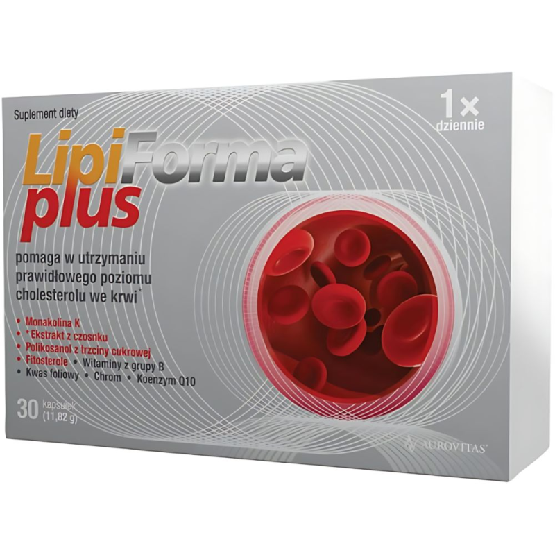 LipiForma Plus, 30 kapsułek - z monakolina K oraz wyciągu z czosnku, które pomagają w utrzymaniu prawidłowego poziomu lipidów we krwi