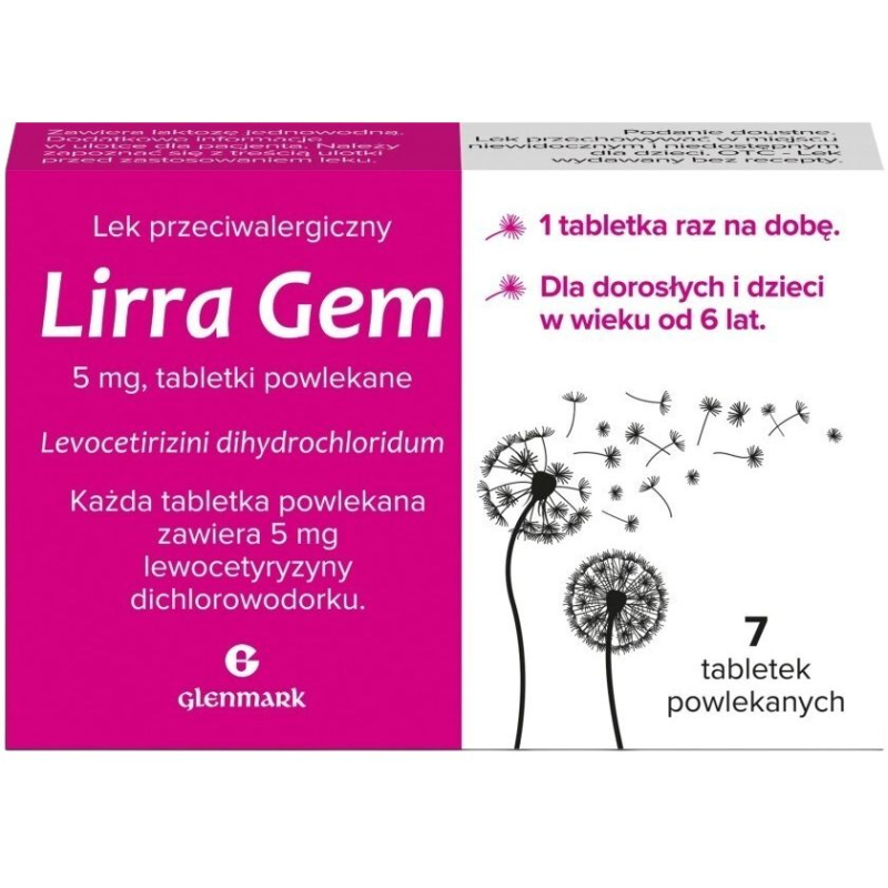 Lirra Gem 5 mg, 7 tabletek - Na objawy alergii u dorosłych i dzieci powyżej 6. roku życia