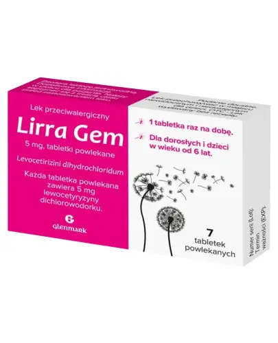 Lirra Gem 5 mg, 7 tabletek - Na objawy alergii u dorosłych i dzieci powyżej 6. roku życia