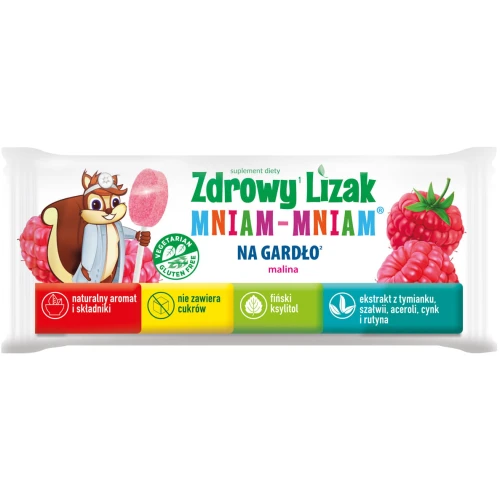 Zdrowy Lizak Mniam-Mniam na gardło, 1 sztuka - Lizak o smaku malinowym z tymiankiem i szałwią