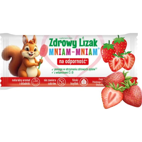 Zdrowy Lizak Mniam-Mniam na odporność, o smaku truskawkowym, 1 sztuka - Lizak z witaminami i fińskim ksylitolem