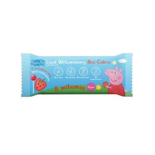 Lizak witaminowy Peppa Pig smak truskawkowy, bez cukru, 1 sztuka - Z 8 witaminami wspierającymi odporność i metabolizm