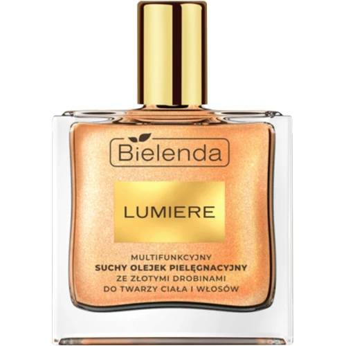 Bielenda Lumiere Multifunkcyjny suchy olejek pielęgnacyjny ze złotymi drobinkami do twarzy, ciała i włosów, 50 ml - Luksusowy rytuał glow do twarzy, ciała i włosów