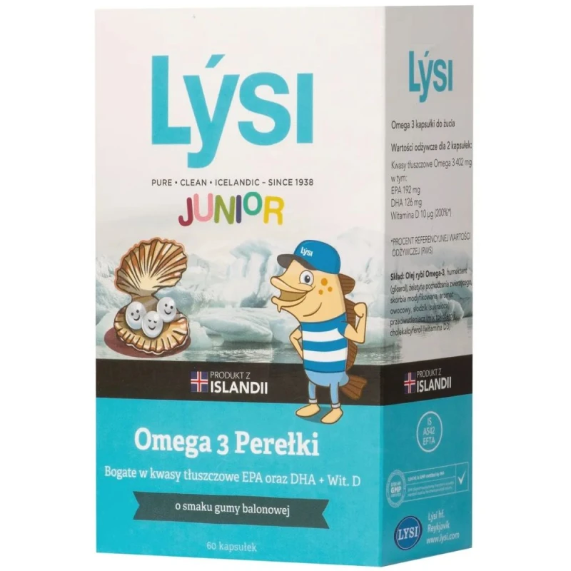 Lysi Junior Omega-3 Perełki o smaku gumy balonowej, 60 sztuk - Omega 3 dla dzieci