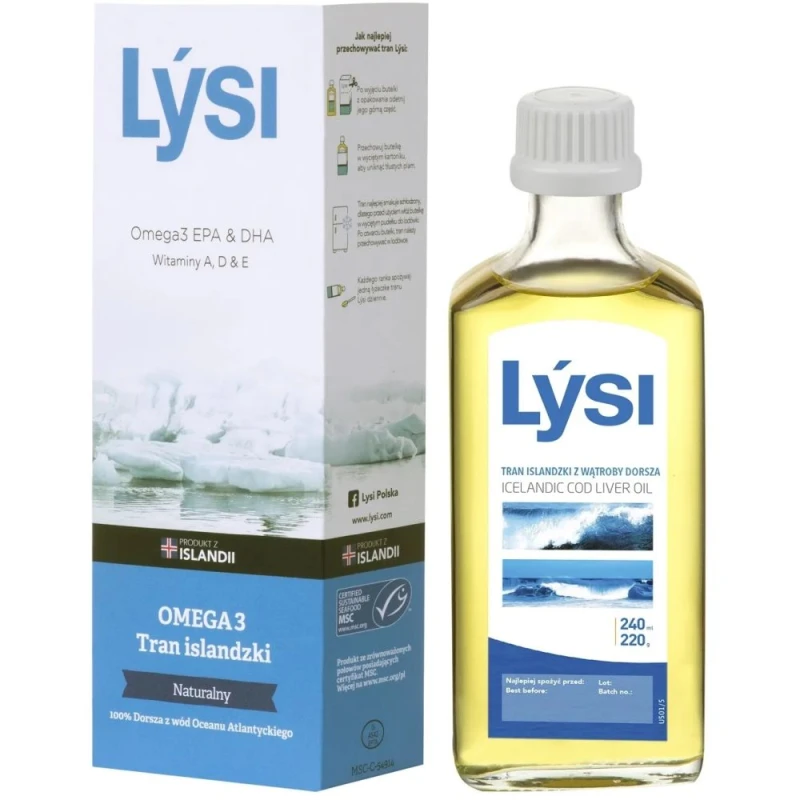 Lýsi Tran islandzki, smak naturalny, 240 ml - Olej z wątroby dorsza z witaminami A, D i E oraz kwasami Omega-3 