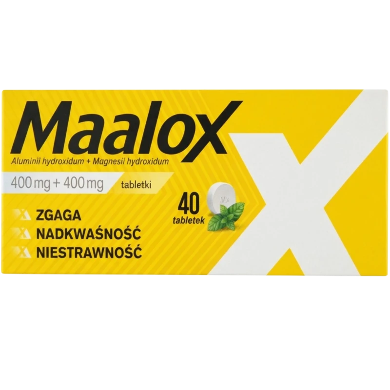 Maalox, 400 mg + 400 mg, 40 tabletek do ssania - Miętowe tabletki do ssania na niestrawność i zgagę