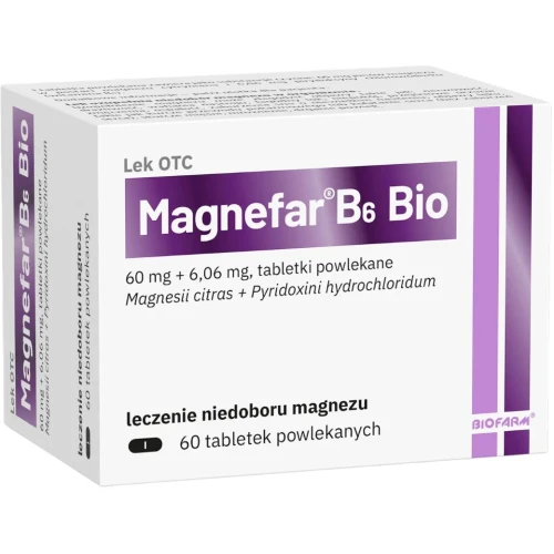 Magnefar B6 Bio, 60 mg + 6,06 mg, 60 tabletek powlekanych - Leczenie i profilaktyka niedoboru magnezu