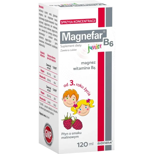 Magnefar B6 Junior, płyn 120 ml - Suplement diety w płynie o smaku malinowym z magnezem oraz witaminą B6
