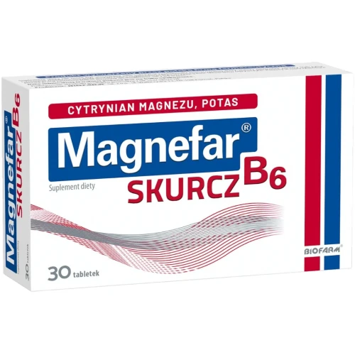 Magnefar B6 Skurcz, 30 tabletek - Potas i cytrynian magnezu pomagają w prawidłowym funkcjonowaniu układu nerwowego i mięśni