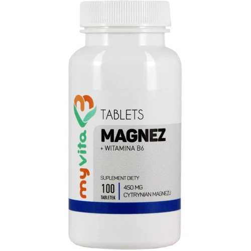 MyVita Magnez + B6, cytrynian magnezu 450 mg, 100 tabletek - Wysoko przyswajalny cytrynian magnezu wspiera układ nerwowy i mięśnie